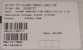 Phoenix Contact 2938727 Quint PS-3x400-500AC/24DC/20 67109517 20A