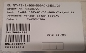 Phoenix Contact 2938727 Quint PS-3x400-500AC/24DC/20 58804180 20A