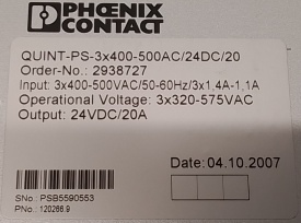 Phoenix Contact 2938727 Quint PS-3x400-500AC/24DC/20 PSB5590553 20A